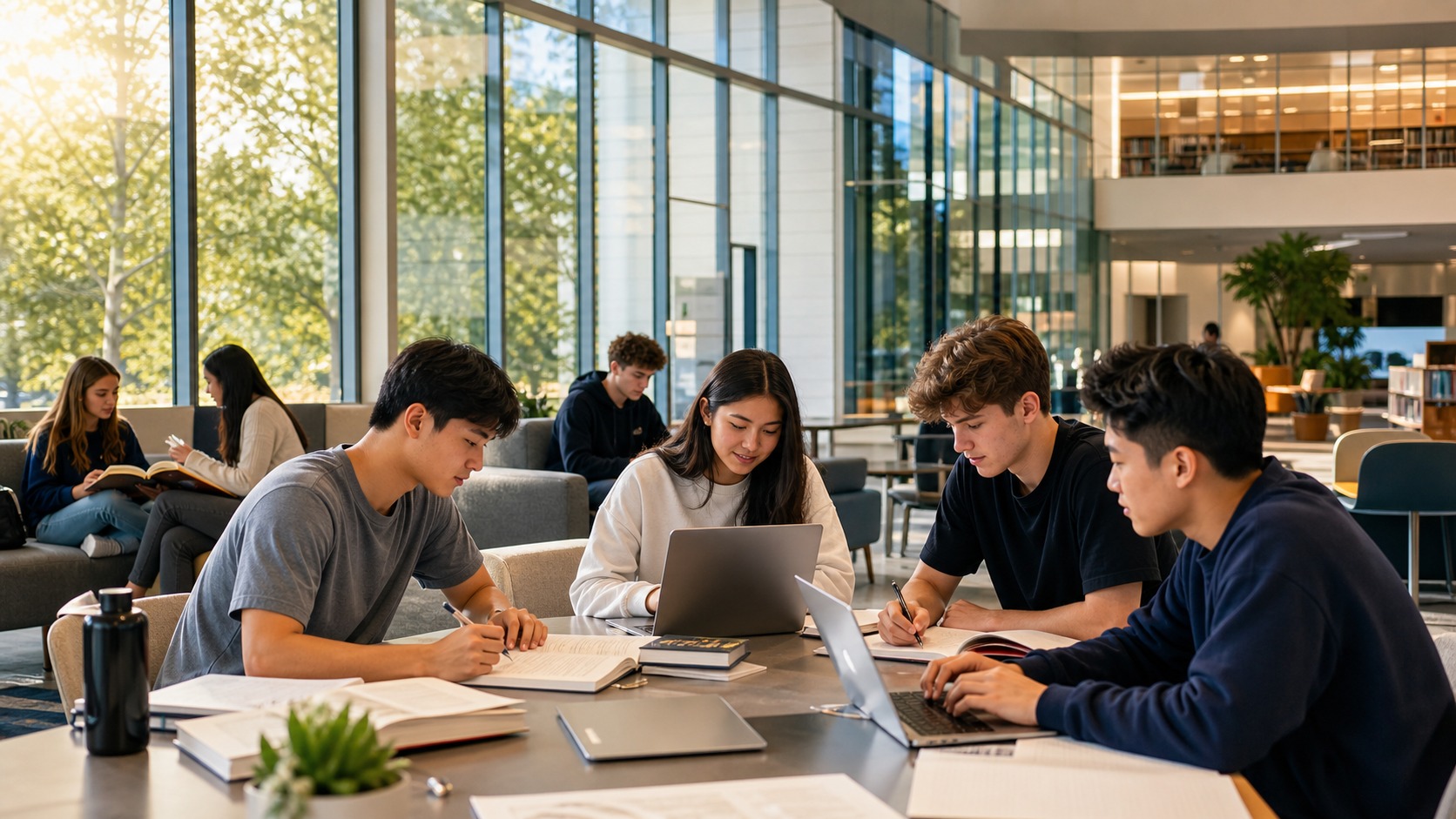 International students studying in modern campus environment